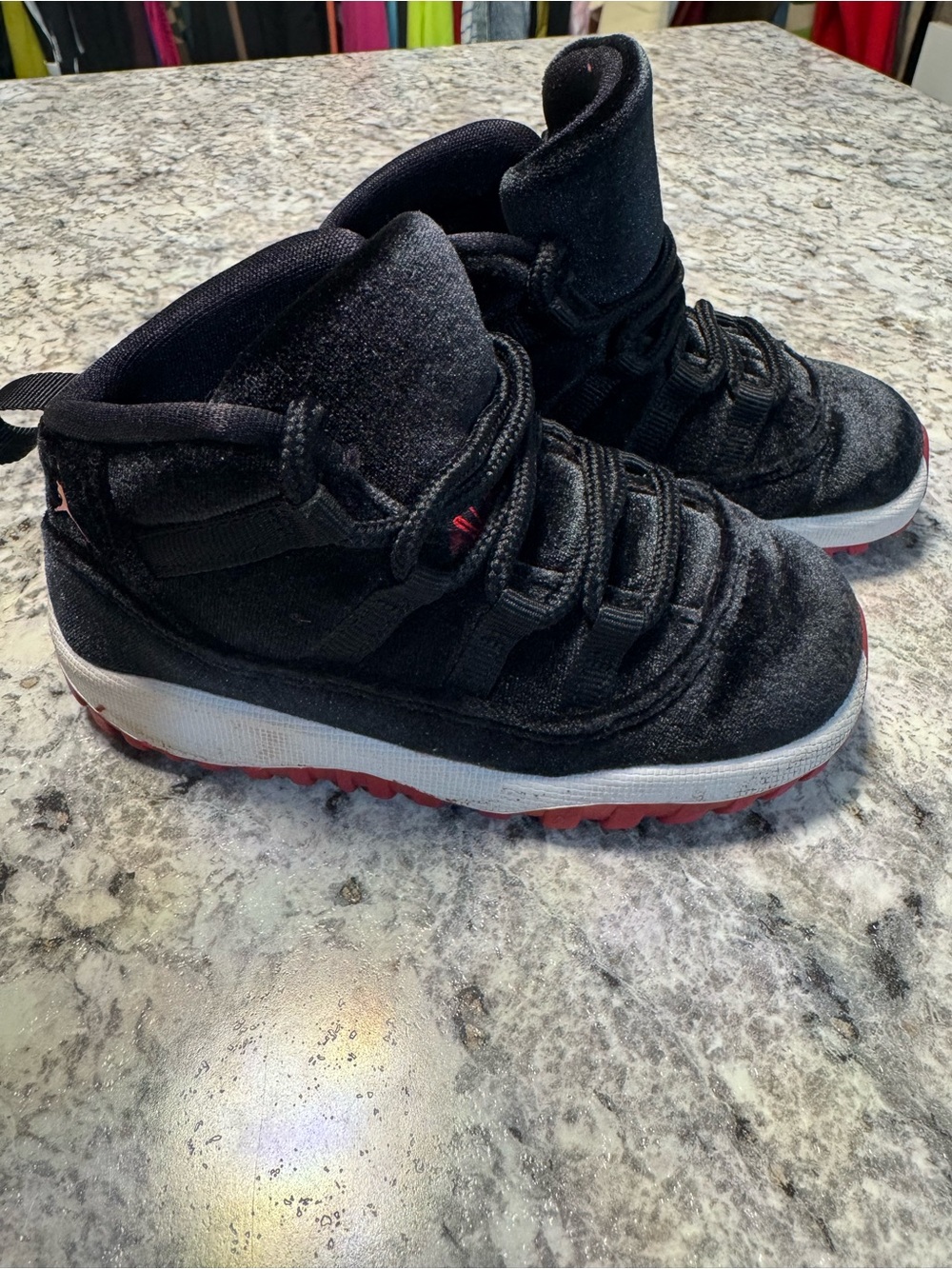 Jordan Kids Black Velvet High-Top Sneakers with Red Outsole Accent